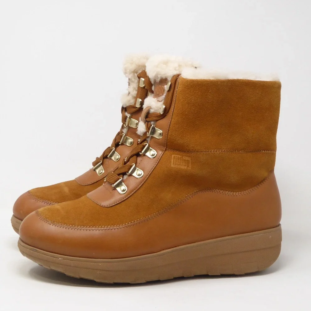 FitFlop Mukluk III Women Boots Brown Leather Suede Shearling Lined Lace Up 9